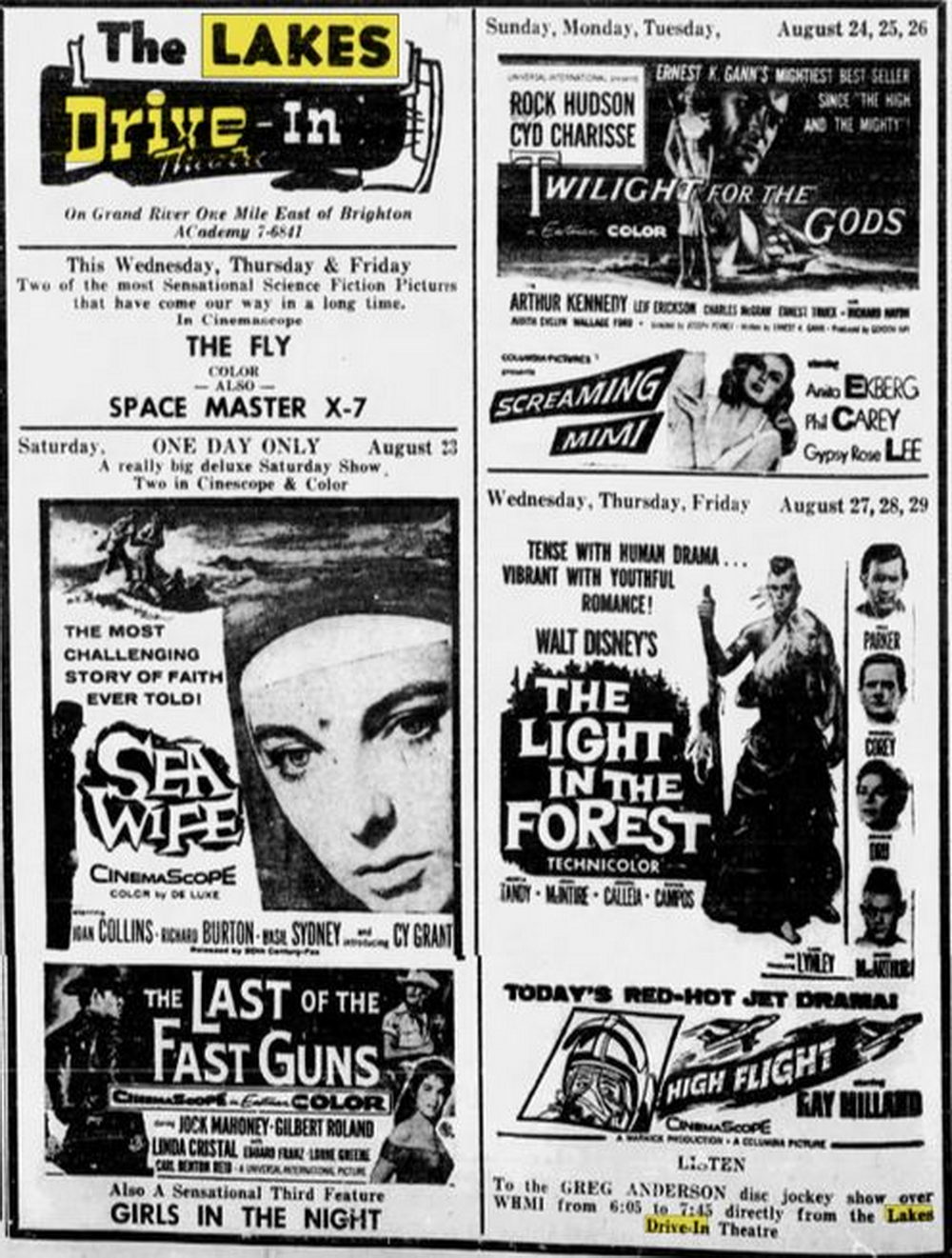 Aug 20 1958 article Lakes Drive-In Theatre, Brighton